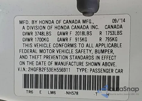 2014 Honda Civic Lx z USA, uszkodzony, nr VIN 2HGFB2F53EH556911